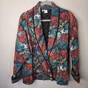 Vintage Red Paisley Quilted Blazer Jacket Women's Size Small S Coat Boho Button